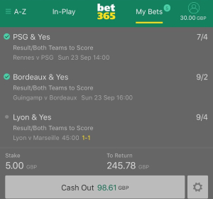 The cash-out feature at bet365